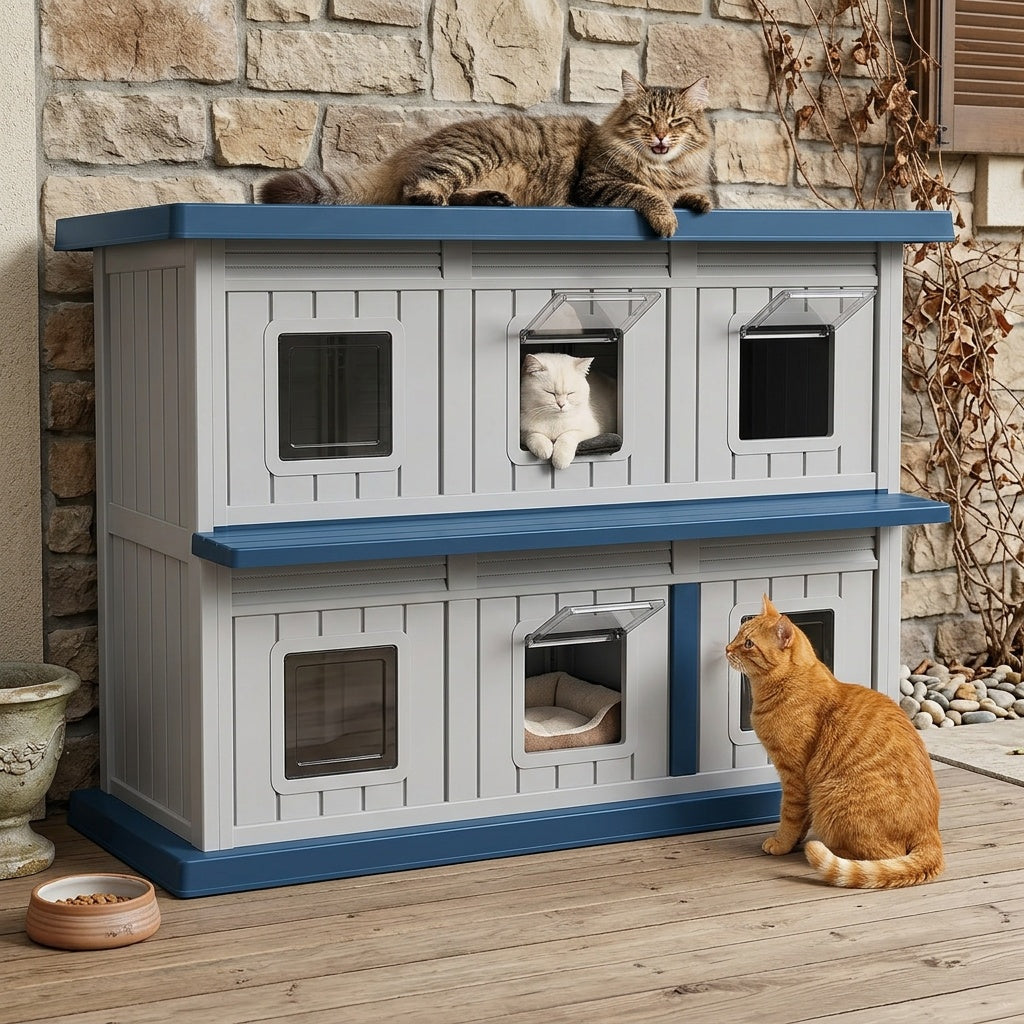 Double-Layer Stray Cat House - 2-Story Outdoor/ Cat Shelter with Large Cozy Space, Multiple Small Windows for Ventilation, Easy Assembly Solid Structure, Gray-Black for stray & feral cats (No Required)