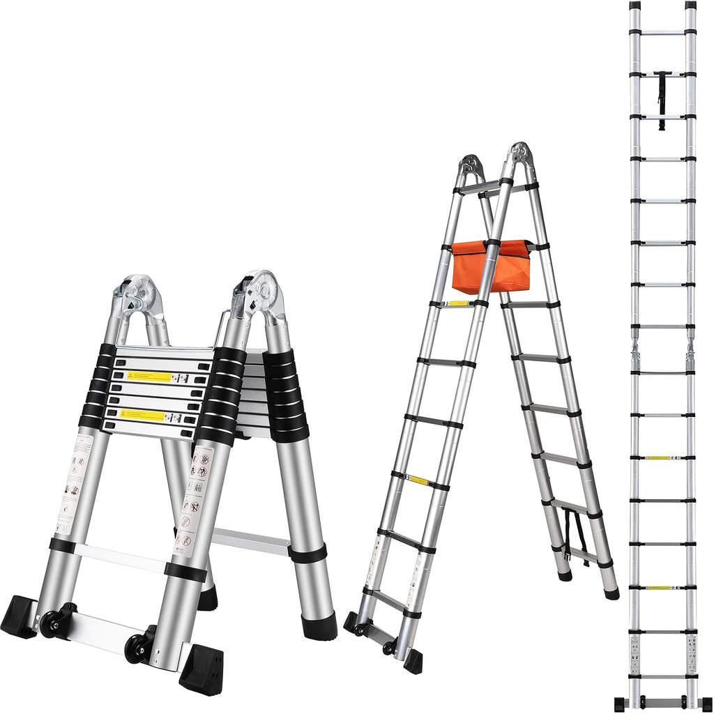 17 FT A-Frame Telescopic Ladder, Adjustable Multi-Purpose Collapsible Extension with Balance Bar And Wheels, Heavy Duty 450 Lbs Max Capacity, Ideal for Home And Outdoor Work, Thickened Aluminum Material, Silver
