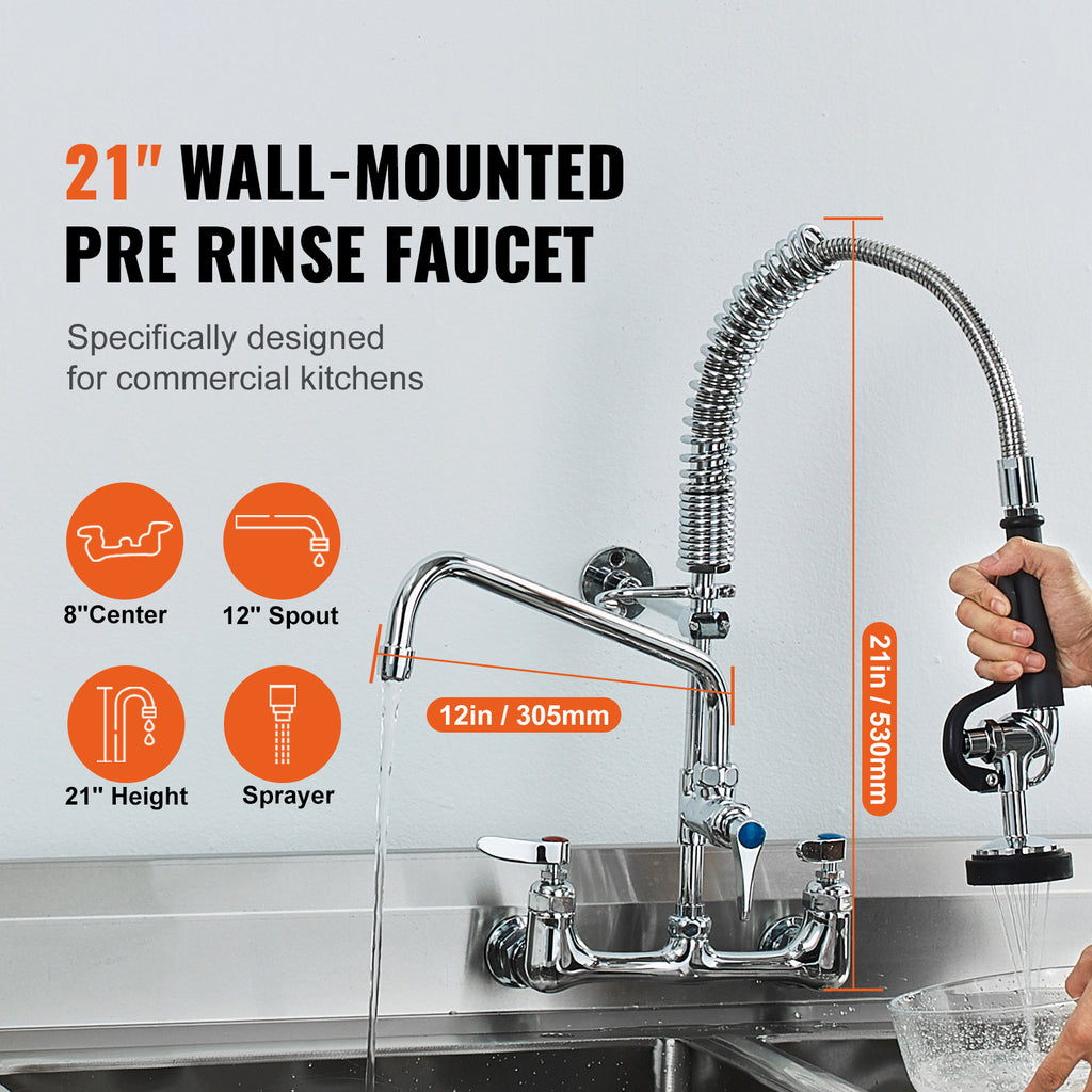 VEVOR Commercial Faucet with Pre-Rinse Sprayer, 21" Height, 8" Center, 12" Swing Spout, Wall Mount Kitchen Sink Faucet, Brass Constructed Device with Pull Down Spray, for 1/2/3 Compartment Sink