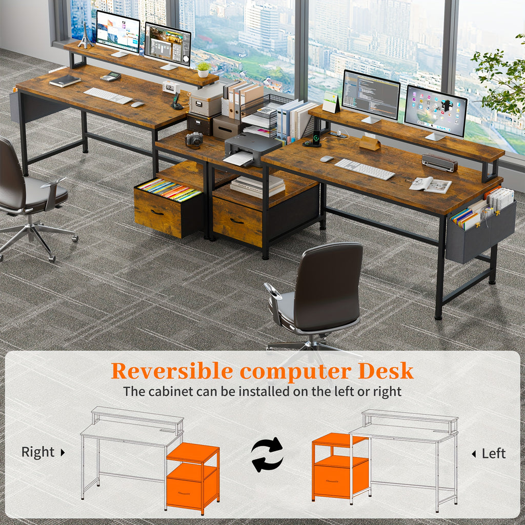 EnHomee 57" Computer Desk With Drawers And Printer Space, Office Desk With Power Outlets, Home Office Desks With File Drawers Cabinet, Study Writing And Gaming Desk With Shelves Monitor Stand