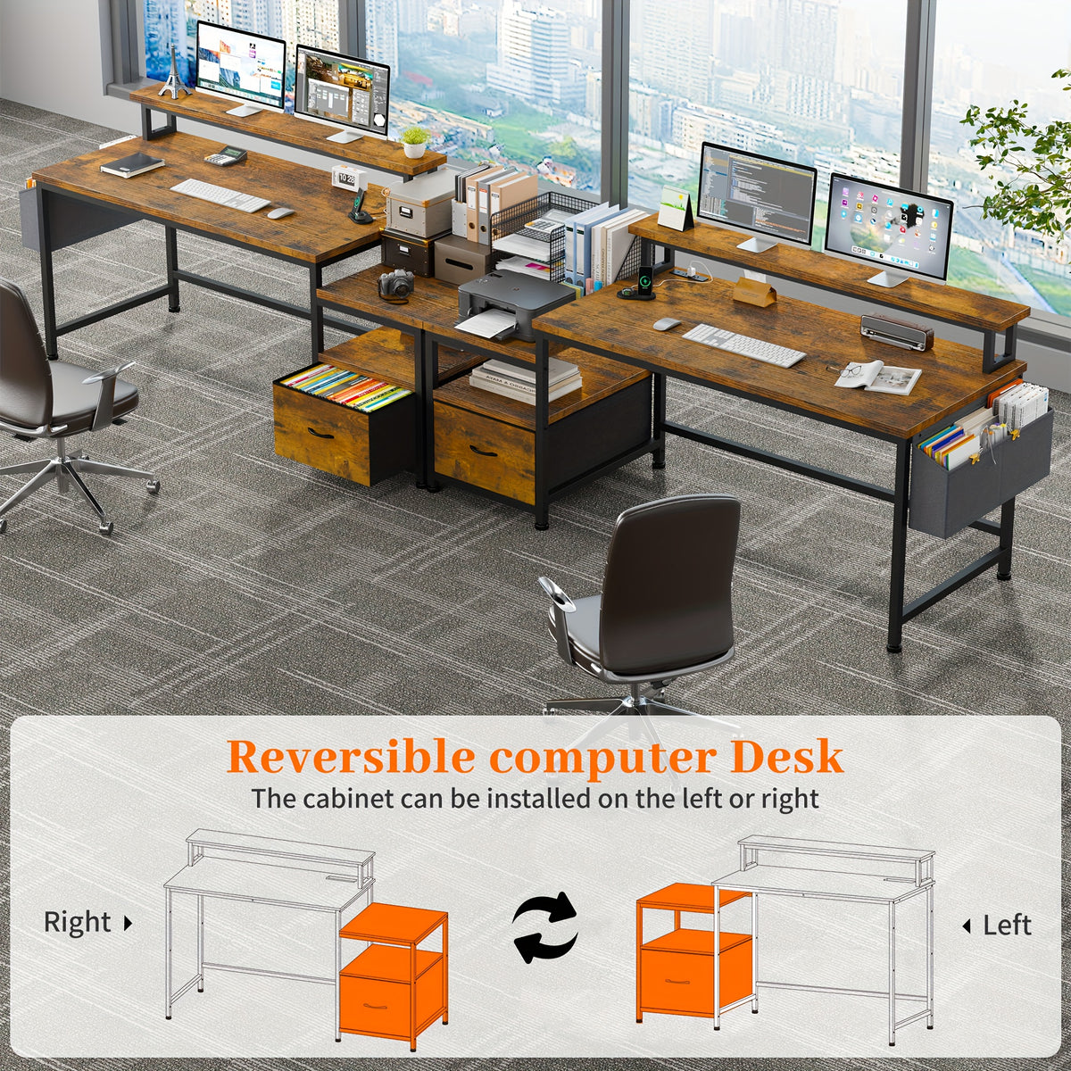 EnHomee 57" Computer Desk With Drawers And Printer Space, Office Desk With Power Outlets, Home Office Desks With File Drawers Cabinet, Study Writing And Gaming Desk With Shelves Monitor Stand