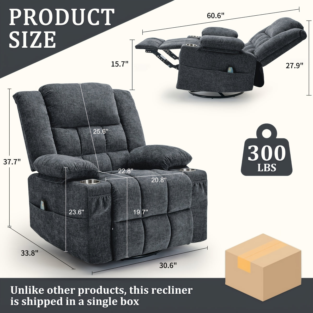 Swivel Recliner Chair for Adults with Massage and Heat — A 360° Rocking Seat for Living Rooms and Bedrooms