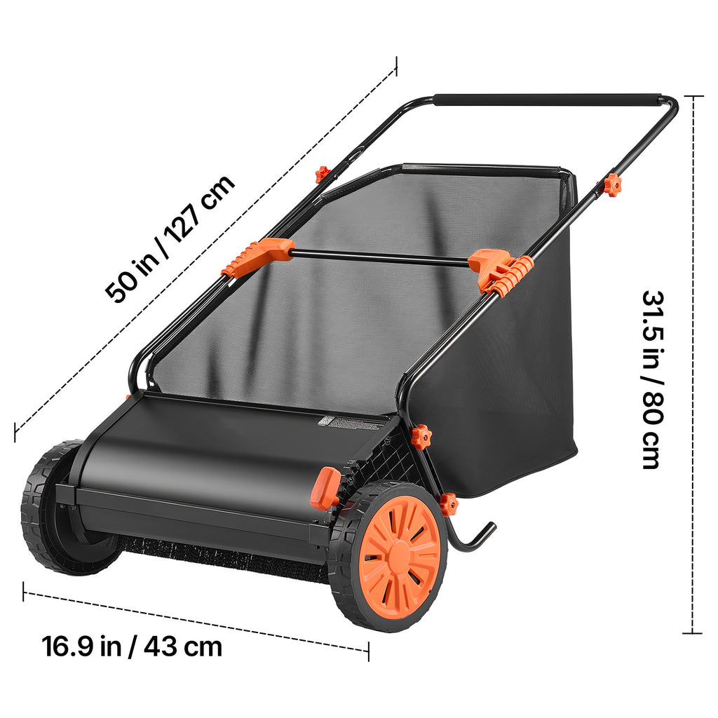 VEVOR Push Lawn Sweeper, 26 in Leaf & Grass Collector with 7 cu. ft. Hopper Bag, Adjustable Brush Height & Spinning Brushes, Heavy Duty Yard Sweeper with Rubber Wheels for Leaves Grass Cleanup