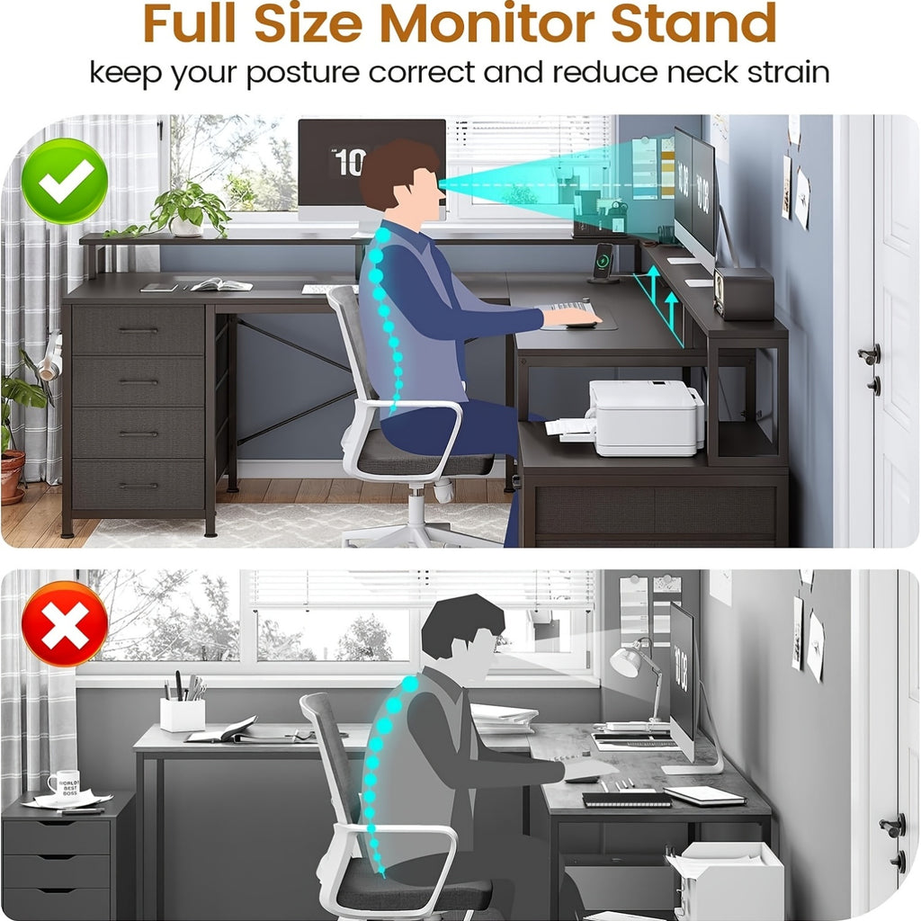 L-Shaped Office Desk with 6 Drawers And LED Lights, Corner Computer Desk with Monitor Shelf, Two-Person Desk