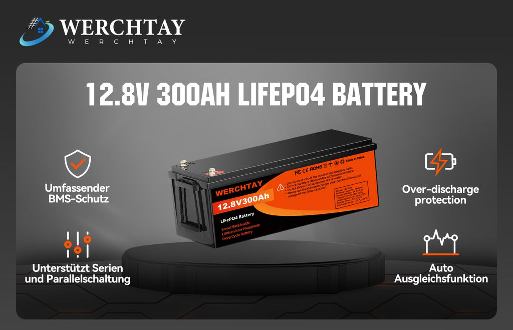 WERCHTAY 12.8V 100Ah/200Ah/300Ah LiFePO4 Battery Built-in BMS Rechargeable Lithium Battery With Up To 25000+ Cycles 1280Wh/2560Wh/3840Wh Higher Energy Density Perfect For Off-Grid, RV, Solar, Motorhome And Boats.--Summer Early Bird