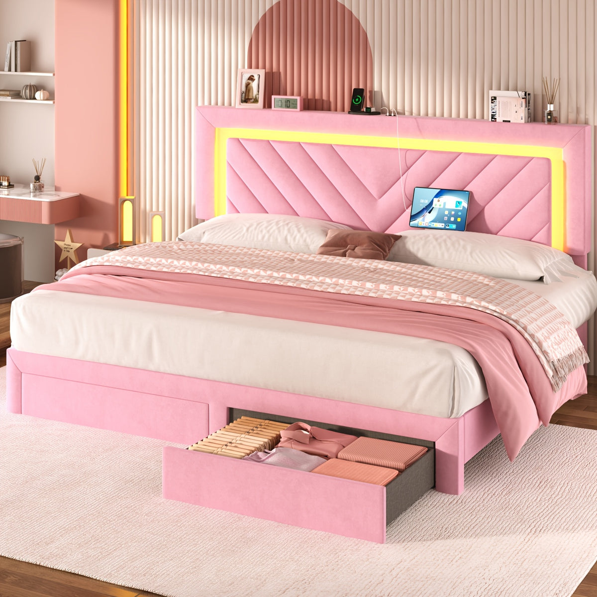 Pink Bed Frame with LED Headboard and Charging Station, 2 Storage Drawers, No Box Spring Needed, Noise Free