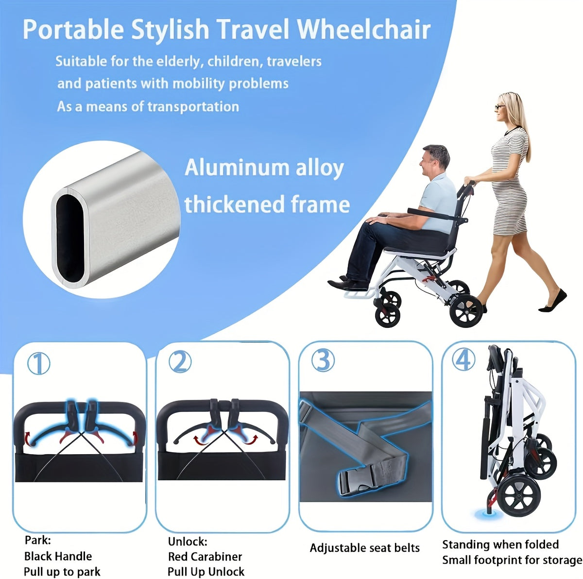Aevi Ultra-Light Folding Portable Wheelchair for the Elderly, Portable Wheelchair for Adults and Children, Load Capacity 220 Lbs, Suitable for the Elderly, Adults, and Seniors for Outings, Can Be Placed in the Trunk