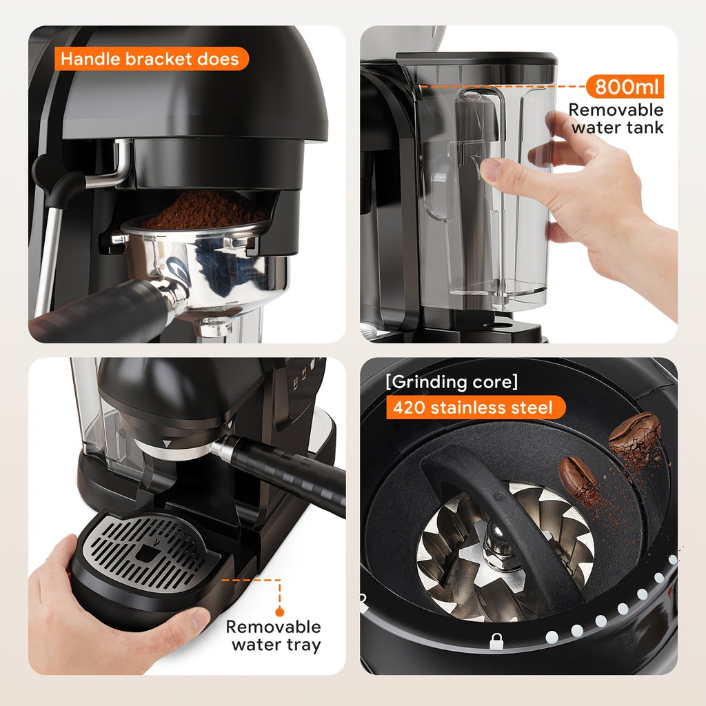 Italian Espresso Machine with 19-Bar Pressure and Conical Burr Grinder for Cappuccinos and Lattes