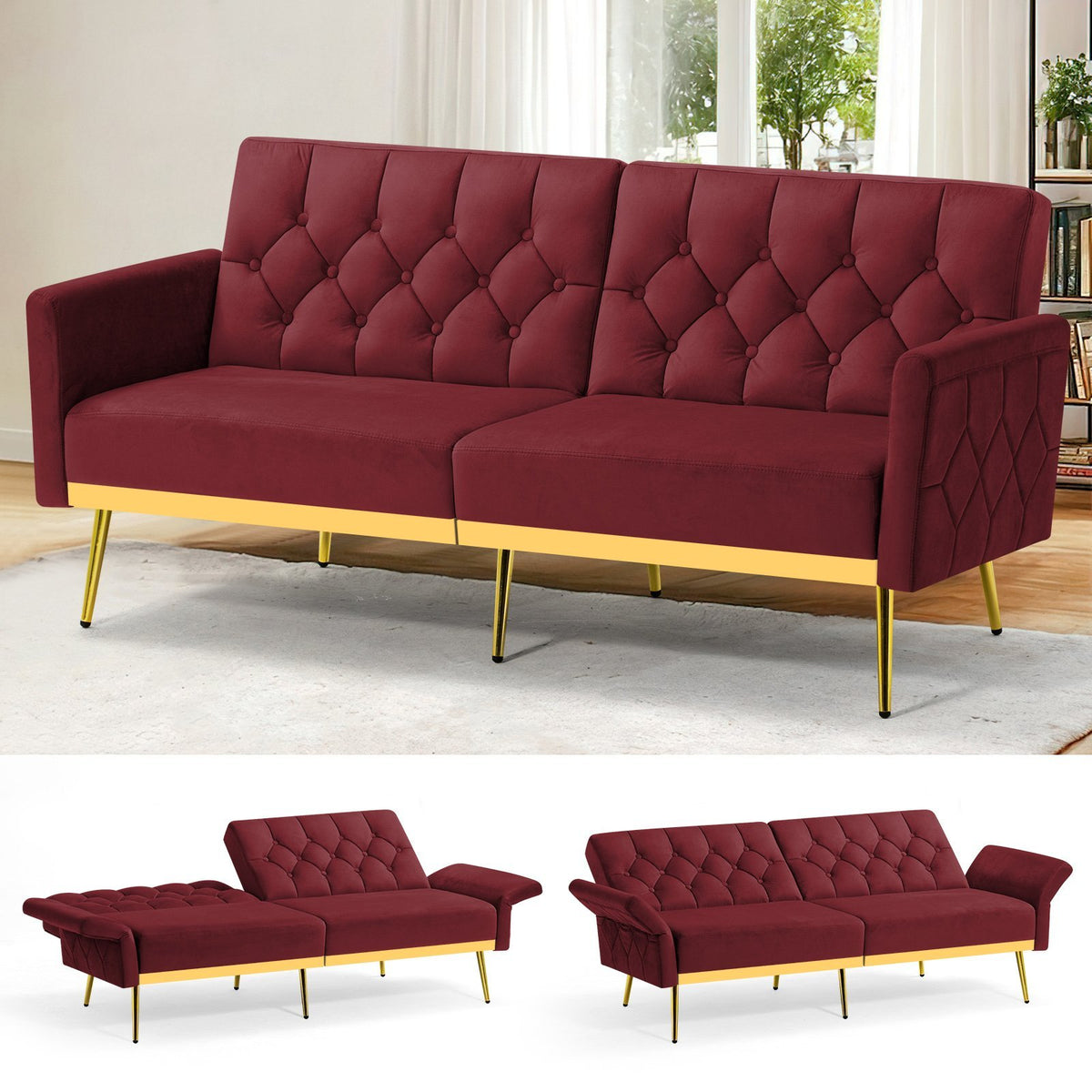 ACMEASE Velvet Sofa Bed Featuring Adjustable Armrests And Backrests, a Contemporary Recliner Sleeper Couch with a Tufted Design, a Convertible Loveseat Sofa with Golden Legs Suitable for The Living Room, Bedroom, Or Studio