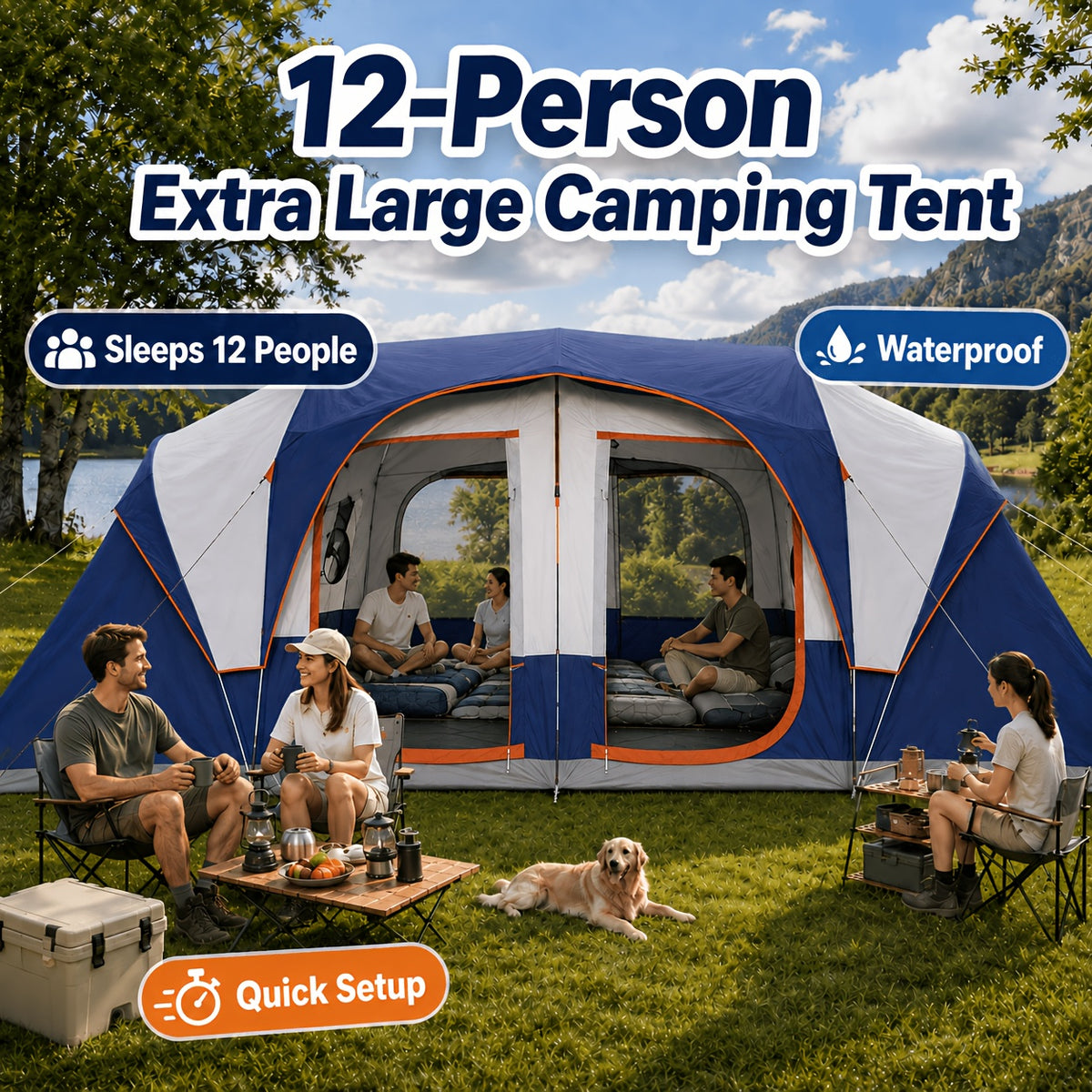 12-Person Camping Tent, Family Cabin Tent with 2/3 Rooms, Weatherproof, Features 6 Large Mesh Windows, Double Layer, Includes Dividing Curtain for Separate Rooms, Portable with Carry Bag