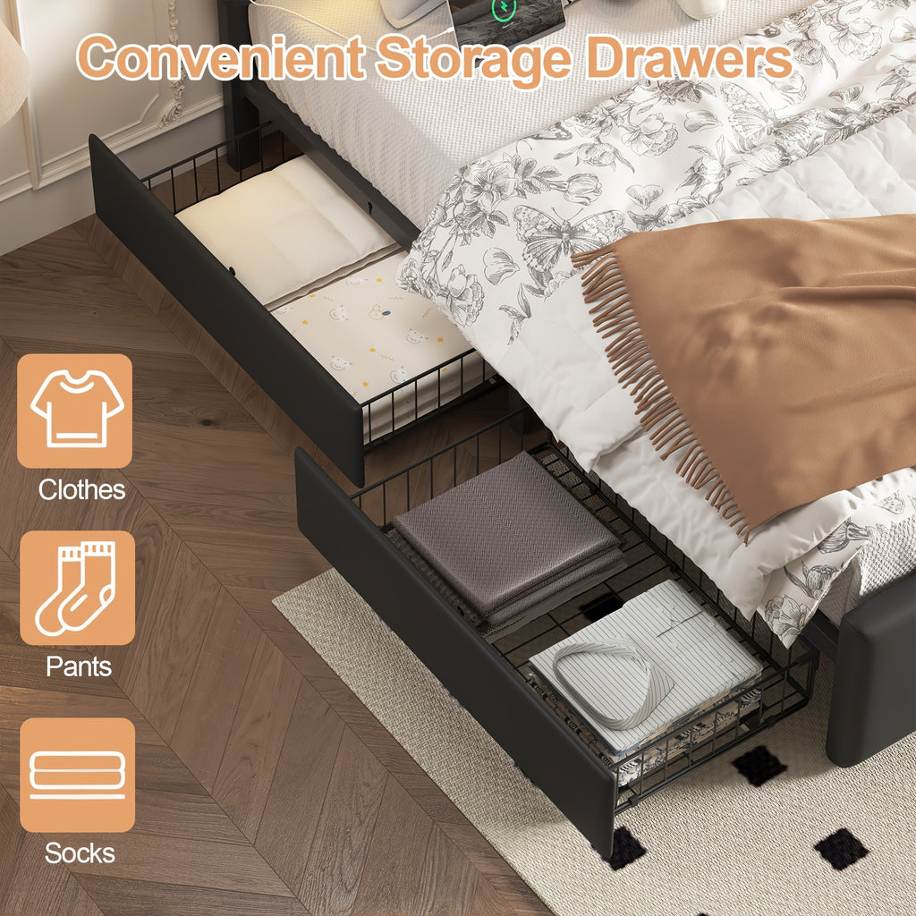 Upholstered Platform Bed Frame with 4 Storage Drawers & Adjustable Headboard, Full/Queen Size Bed Frame with LED Lights & Charging Station, Strong Metal Slats Support, No Box Spring Needed, Easy Assembly, Black/White
