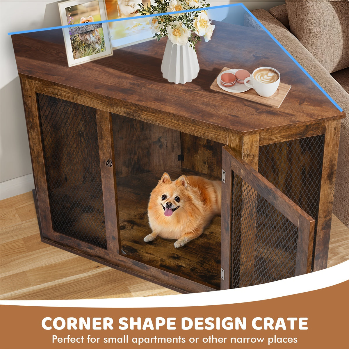 Corner Dog Crate Furniture, 44 Inch Wooden Dog Kennel End Table with Mesh, Decorative Pet Crate Dog House for Large/Medium/Small Dog Indoor Use