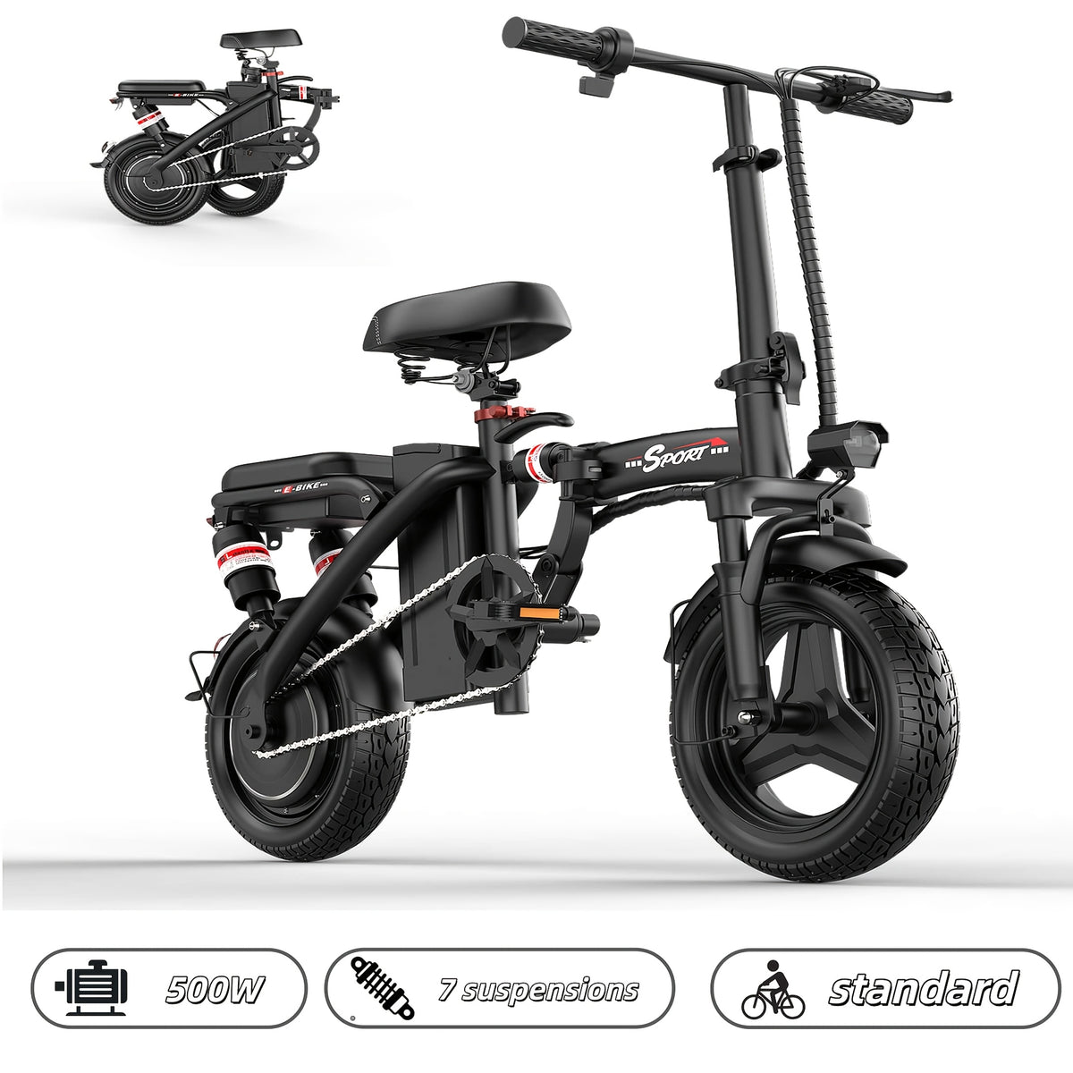 500W Adult Folding Electric Bicycle - 20 MPH, 25-Mile Range, 48V 15Ah High-Capacity Removable Battery, 14-Inch All-Terrain Tires, Dual-Seat Design, Three Riding Modes (Electric, Pedal-Assist, And Pedal), Multi-Functional LCD Display.