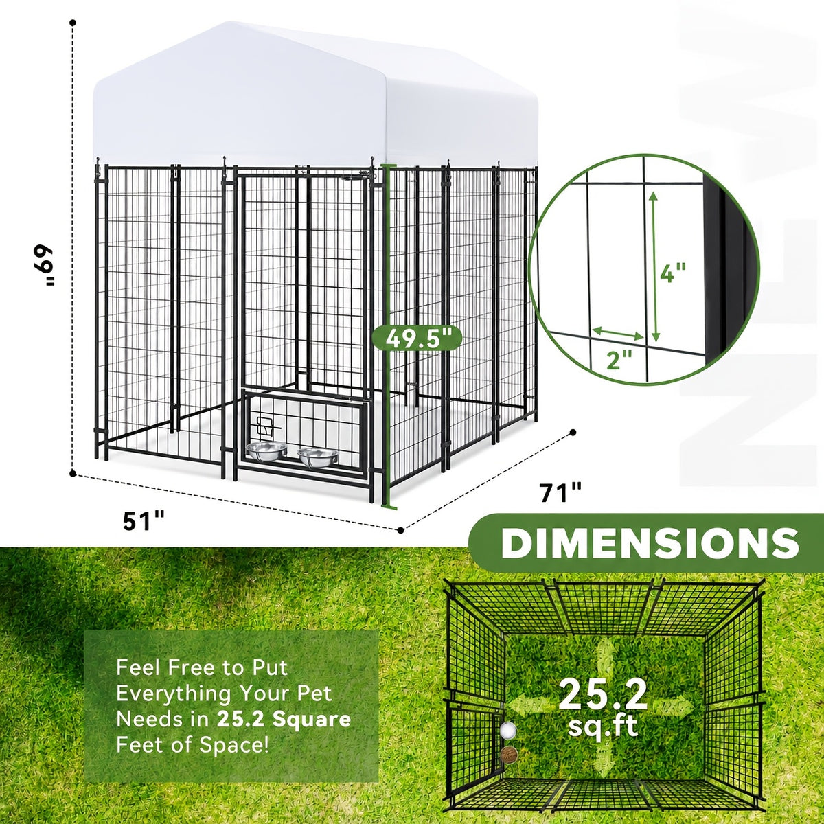SNDM Outdoor Dog Kennel for Large Dogs, Heavy Duty Welded Wire Steel Dog Playpen Fence with Secure Lock, Dog Pen with Waterproof Roof Cover and 2 Rotating Dog Bowls for Small/Medium/Large Dogs