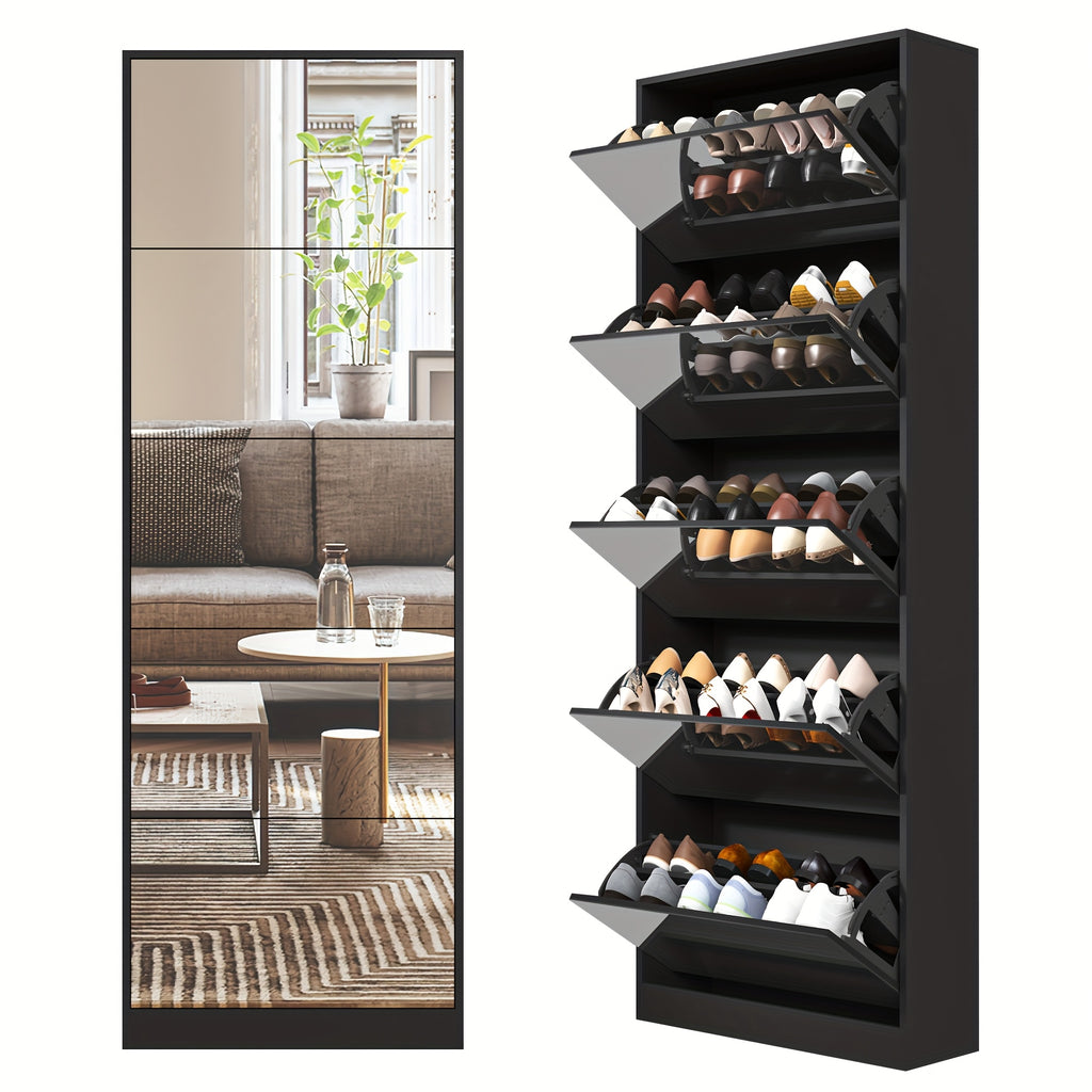 Organizedlife Large Capacity Shoe Cabinet with Full Length Mirror, 5 Flip Drawer Shoe Storage Cabinet, Wooden 2-Tier Shoe Rack Organizer Holds 13-30 Pairs, Slim Tipping Bucket Shoe Cabinet for Entryway, Hallway, Foyer