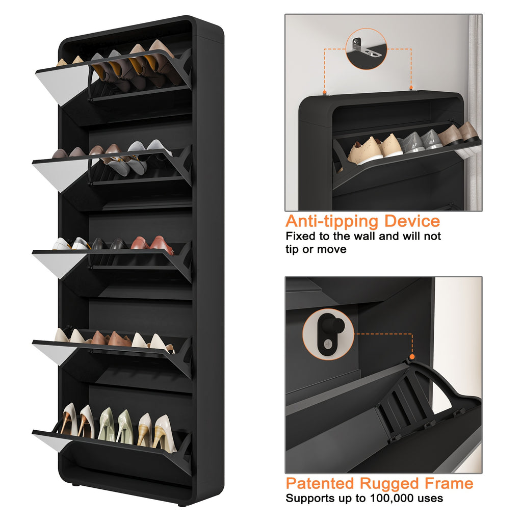 Organizedlife 1Set Shoe Storage Cabinet For Entryway, 5 Tiers Full Length Mirror Shoe Organizer, Wooden Narrow Shoe Closet, Black Shoe Cabinet Shoe Rack For Front Door Entrance, Outdoor