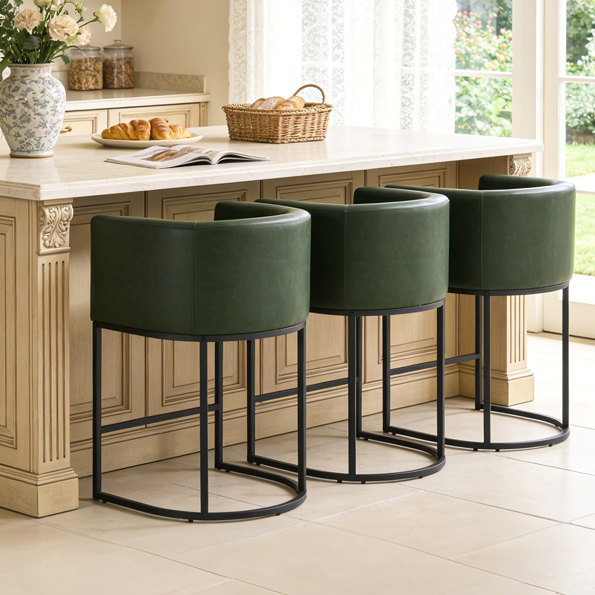 26-Inch Tall Modern Barrel-Shaped Beige Bar Stool - Bar Stool with Ergonomic Backrest And Armrests, Linen And PU Fabric Cushion And Sturdy Black Metal Frame, Suitable for Kitchen Islands, Breakfast Bars, And Home Decoration