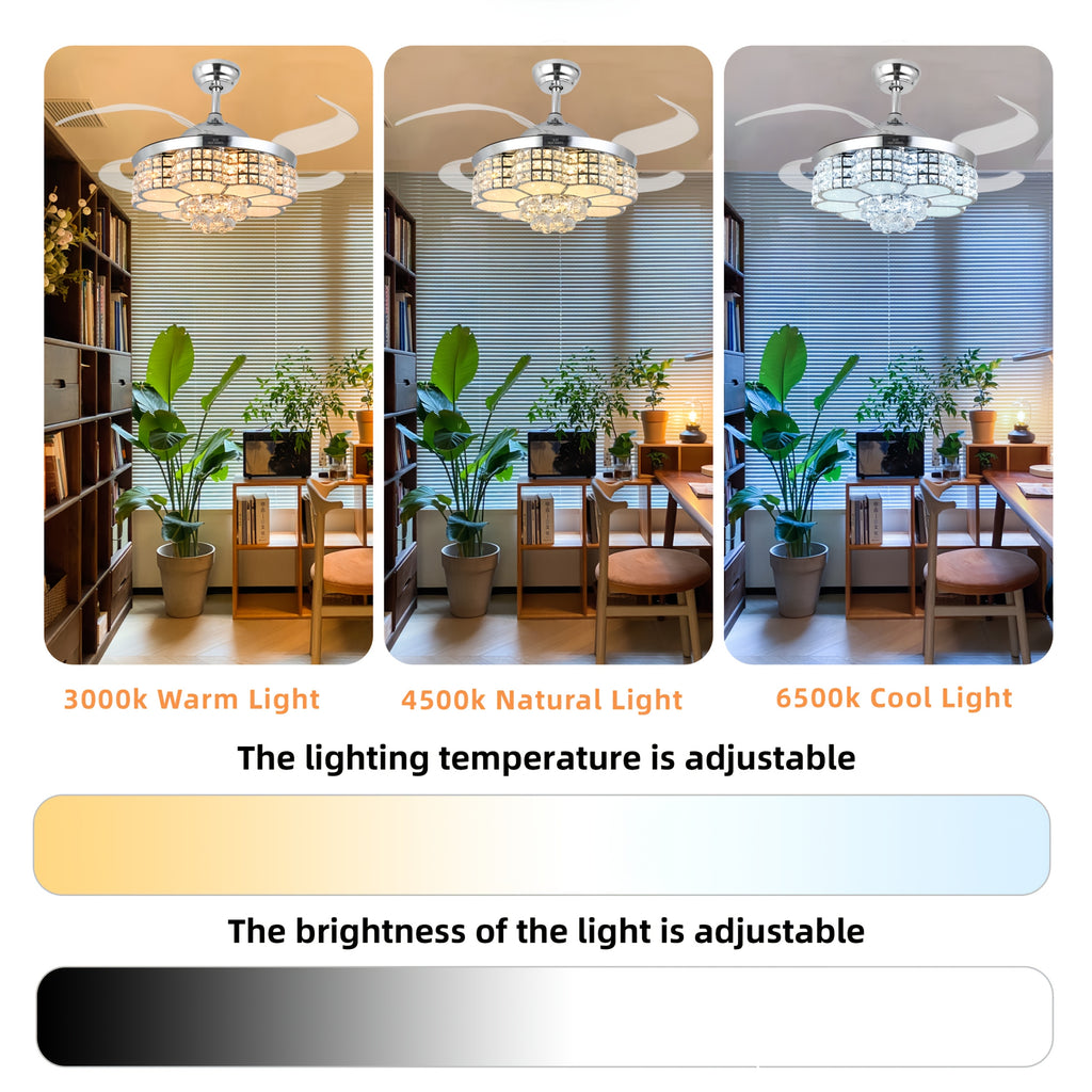 42-Inch Crystal Decoration with RGB Ceiling Fan And Light, Supports Infinite Dimming And Light Memory. with Speakers, 6 Speeds Reversible Blades, Flush Mount Chandelier Ceiling Fan Remote Control And APP Convenient Control Way