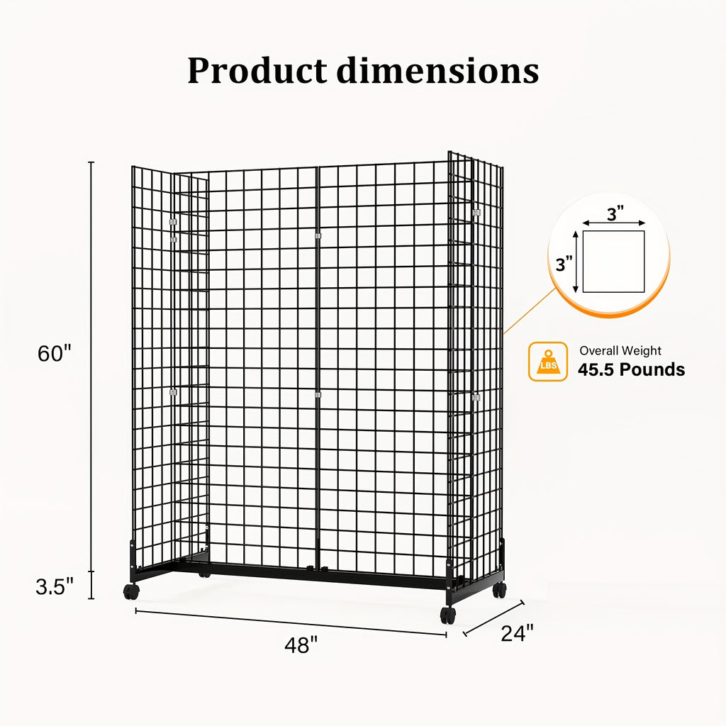 Bonnlo 5' X 2' Floorstanding Gondola Grid Wall Tower, Wire Grid Panel With Rolling Base And Hooks For Retail Display