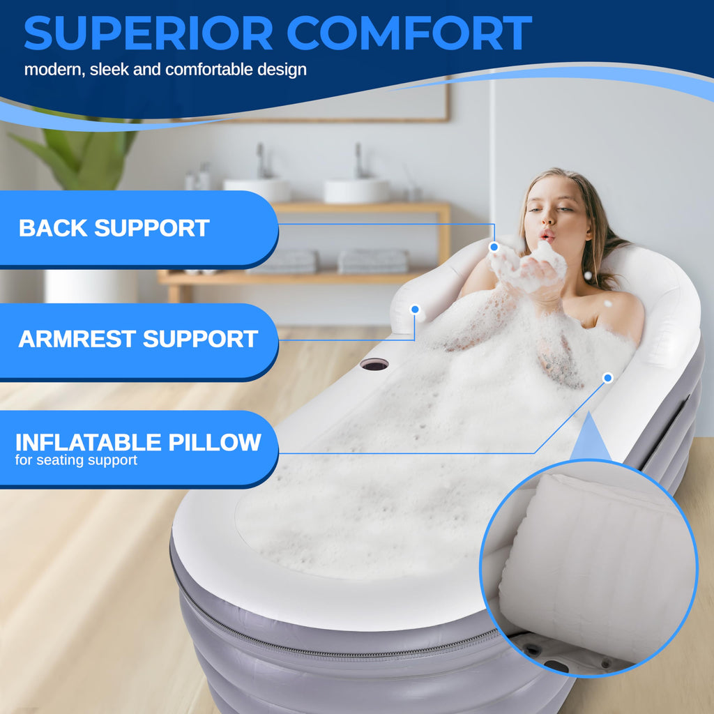 SereneLife Inflatable Bathtub with Bubble Massage Mat, Matching Inflatable Pillow, Cup Holder, and Remote Control for Body and Spa