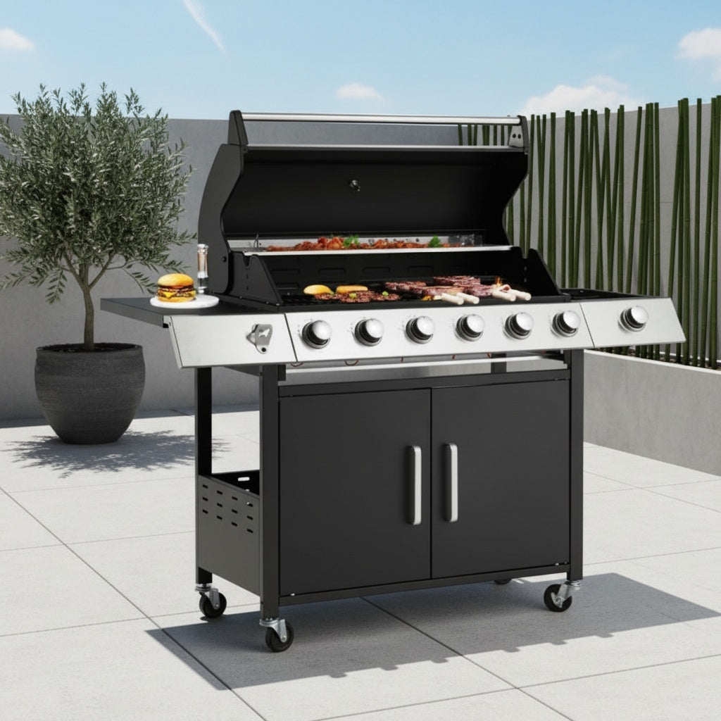 Grill with Side Burner & Cast Iron Grates, Lockable  Wheels, Barbecue Grill with 395 Square Inches Large Cooking Area, Camping Grill for Barbeque and Outdoor Cooking, Black