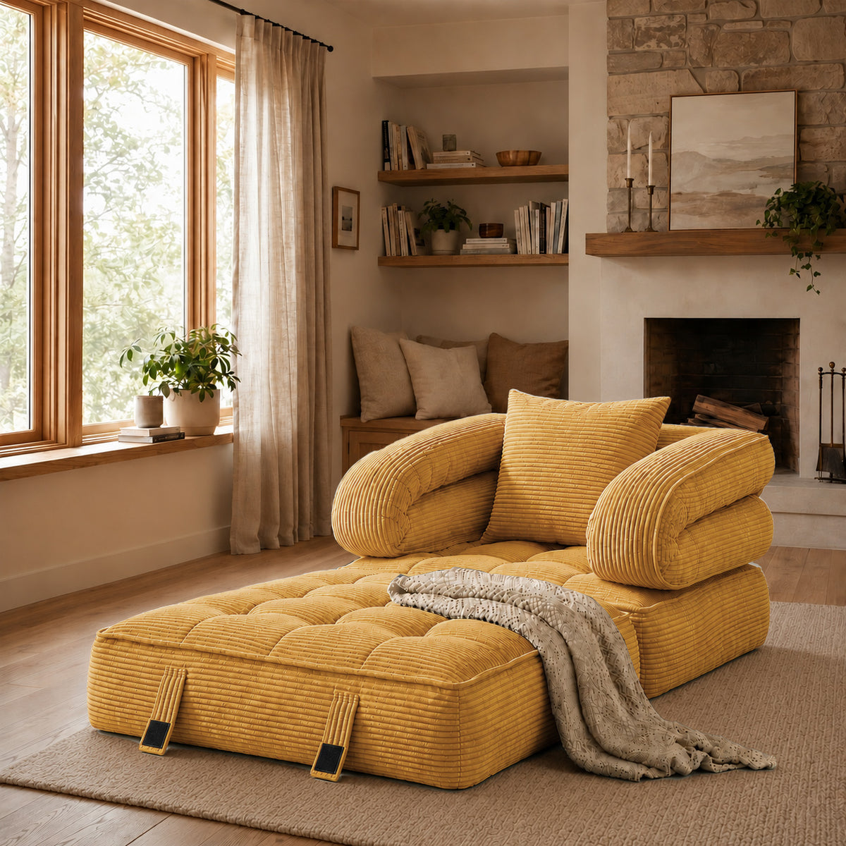 3-in-1 Convertible Folding Sofa Bed, Floor Futon Couch Cloud Shaped Corduroy Upholstered, High-Density Foam Ultra-Soft Comfy Lounge Bean Bag Chair, Versatile Pull-Out Sleeper for Living Room Guest