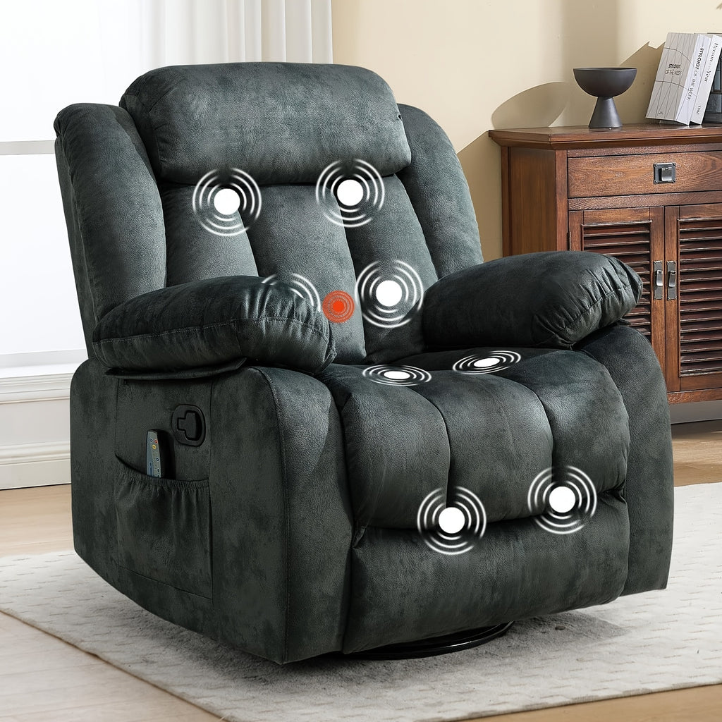 Massage Swivel Rocker Recliner Chair with Heat And Vibration, 360 Degree Swivel Manual Recliners Antiskid Fabric Single Sofa Heavy Duty Reclining Chair for Game & Recreation Room Furniture