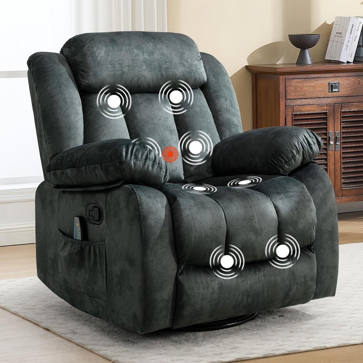 Massage Swivel Rocker Recliner Chair with Heat And Vibration, 360 Degree Swivel Manual Recliners Antiskid Fabric Single Sofa Heavy Duty Reclining Chair for Game & Recreation Room Furniture