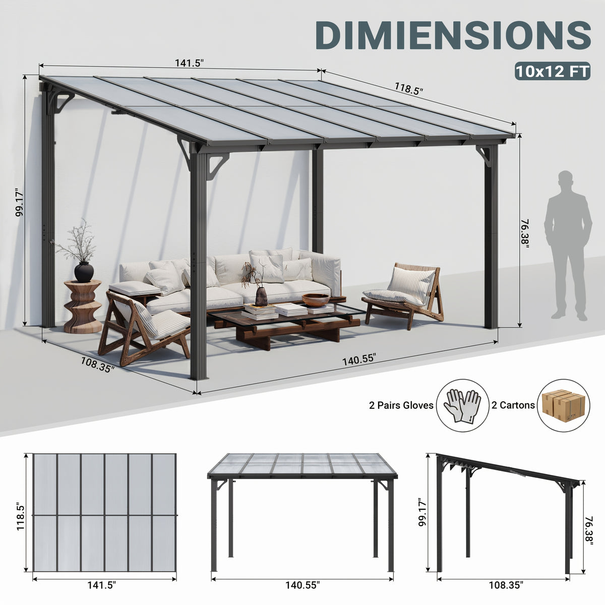 VIWAT Gazebo, Splicable Pergola With Aluminum Frame, Gazebos On, Wall Mounted Gazebo & Pergola, Awnings For Patio, For Backyard, Deck, Gray
