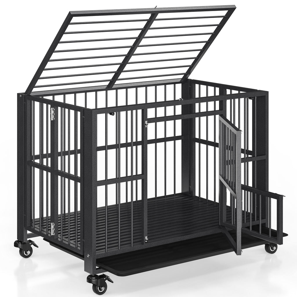 43/38 Inch Heavy Duty Dog Crate, Folding Dog Kennel No Assembly, Escape Proof Large Dog Cage Kennel With Lockable Wheels, High Anxiety Pet Playpen With Double Door Indoor/outdoor.