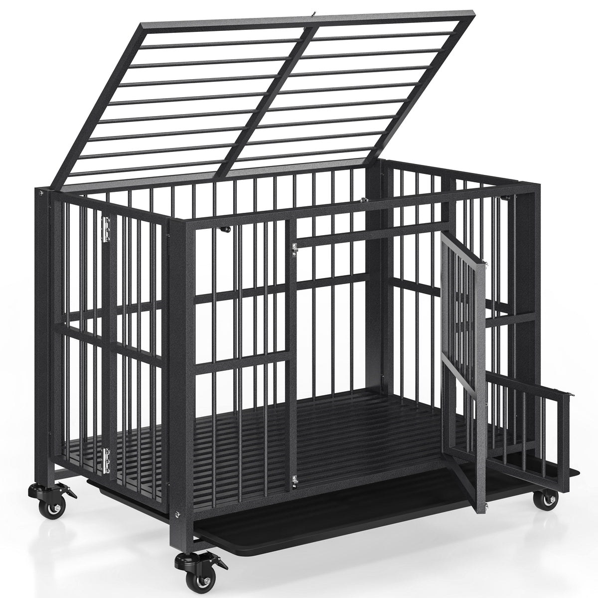 43/38 Inch Heavy Duty Dog Crate, Folding Dog Kennel No Assembly, Escape Proof Large Dog Cage Kennel With Lockable Wheels, High Anxiety Pet Playpen With Double Door Indoor/outdoor.