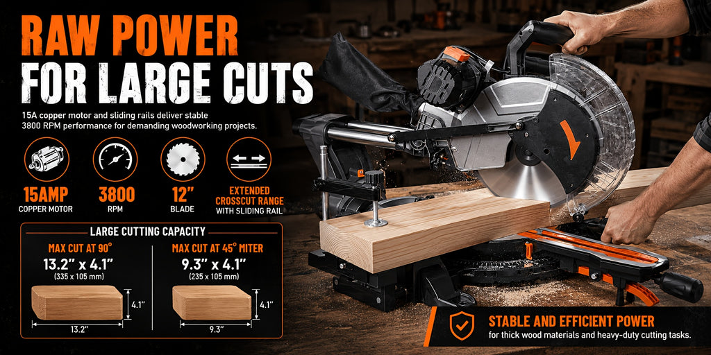 12" Blade 15Amp Sliding Compound Miter Saw with Aluminum Alloy Guard, 3800 RPM, Double-Bevel 45° And Dual Miter 45°, Max 13.2" X 4.1" Cutting Capacity, Dado Slot, 9 Positive Stops, Ideal for Woodworking Projects