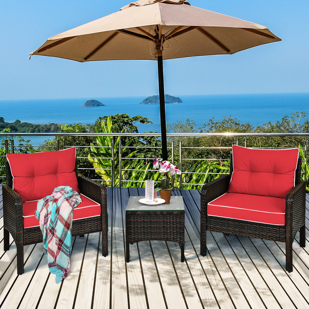 Patio Conversation Set by COSTWAY with Two Cushioned PE Rattan Chairs and Tempered Glass Side Table
