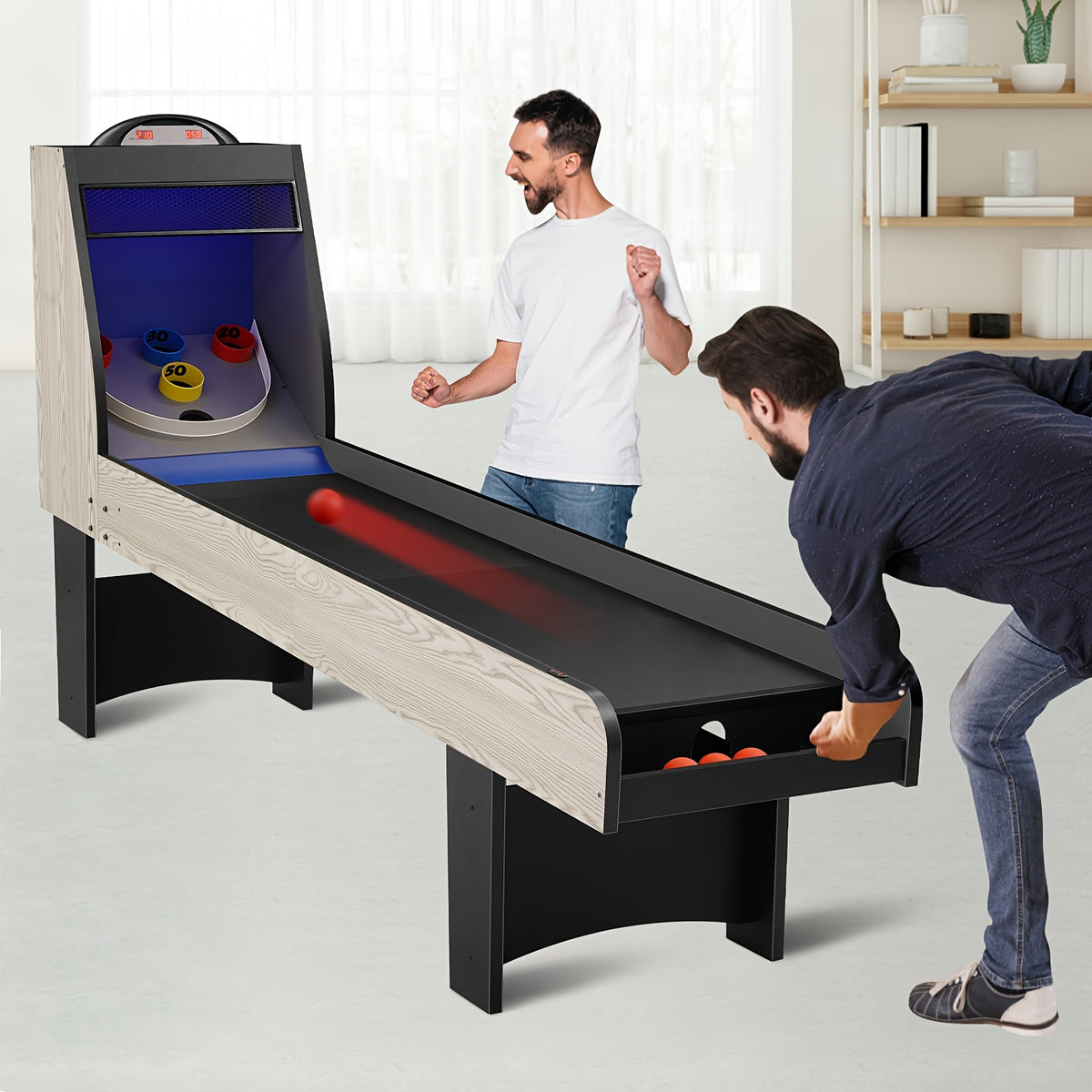 8FT Roll And Score Arcade Game Table, Skee Ball Game for Home Game Room, Arcade Machine W/ LED Light, Scoring Rings, 4 Balls And LED Scoring System