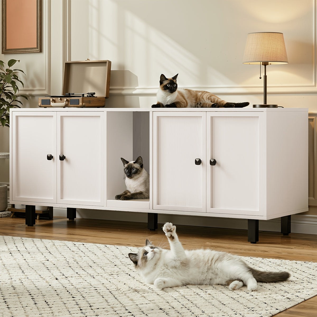 [Cat Litter Box Enclosure] 59 Inches Cat Litter Box Enclosure for 2 Cats, Hidden Litter Boxes Furniture with Cat Scratch Pad, Large Indoor Cat House with Double Room, Wooden TV Stand Side Table, Black