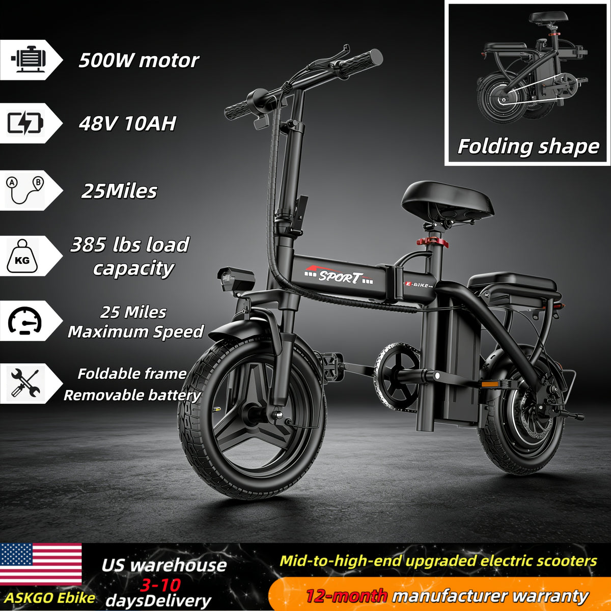 Ebikes for Adults, 500W Lightweight Folding Electric Bike for Adults, 20MPH 25Mile Long Range Commuter Electric Bicycle, 48V 10AH Removable Battery E Bike, Multi-Shock AbsorptionLoad-bearing Capacity: 385 Pounds