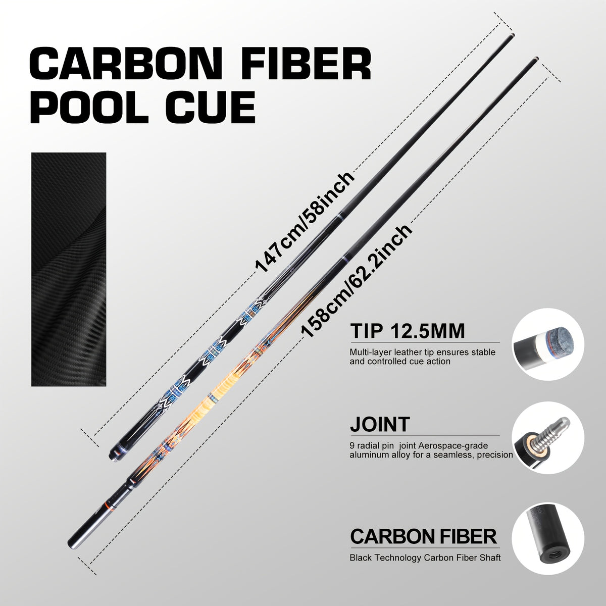 YFEN Carbon Fiber Pool Cue Stick - Professional Billiard Cue with Low Deflection 12.5mm Tip, Pro-Taper Shaft & Canadian Maple Butt, Cue for Competitive Play (//) - Extension Compatible Pool Cues for Pros &