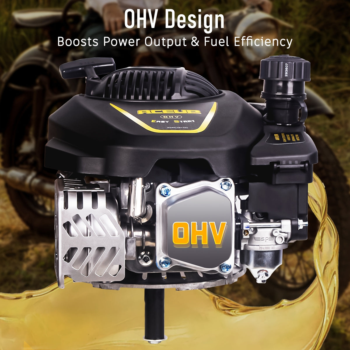 Aceup Energy Gas Engine Vertical Shaft, 4.4HP 173cc 4-Stroke OHV Gas Motor with Primer for Lawn Mower, EPA Compliant