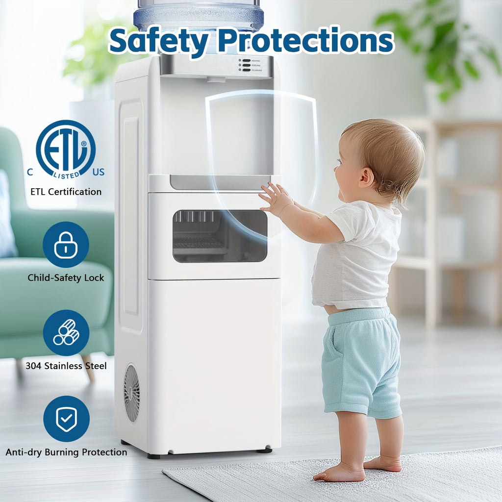 ADVWIN 3-In-1 Water Cooler Dispenser with Ice Maker, 35Lbs/24H, Top Loading 3 Or 5 Gallon, Ice Maker Machine for Home Office, Hot And Cold Water Dispenser, Child Lock