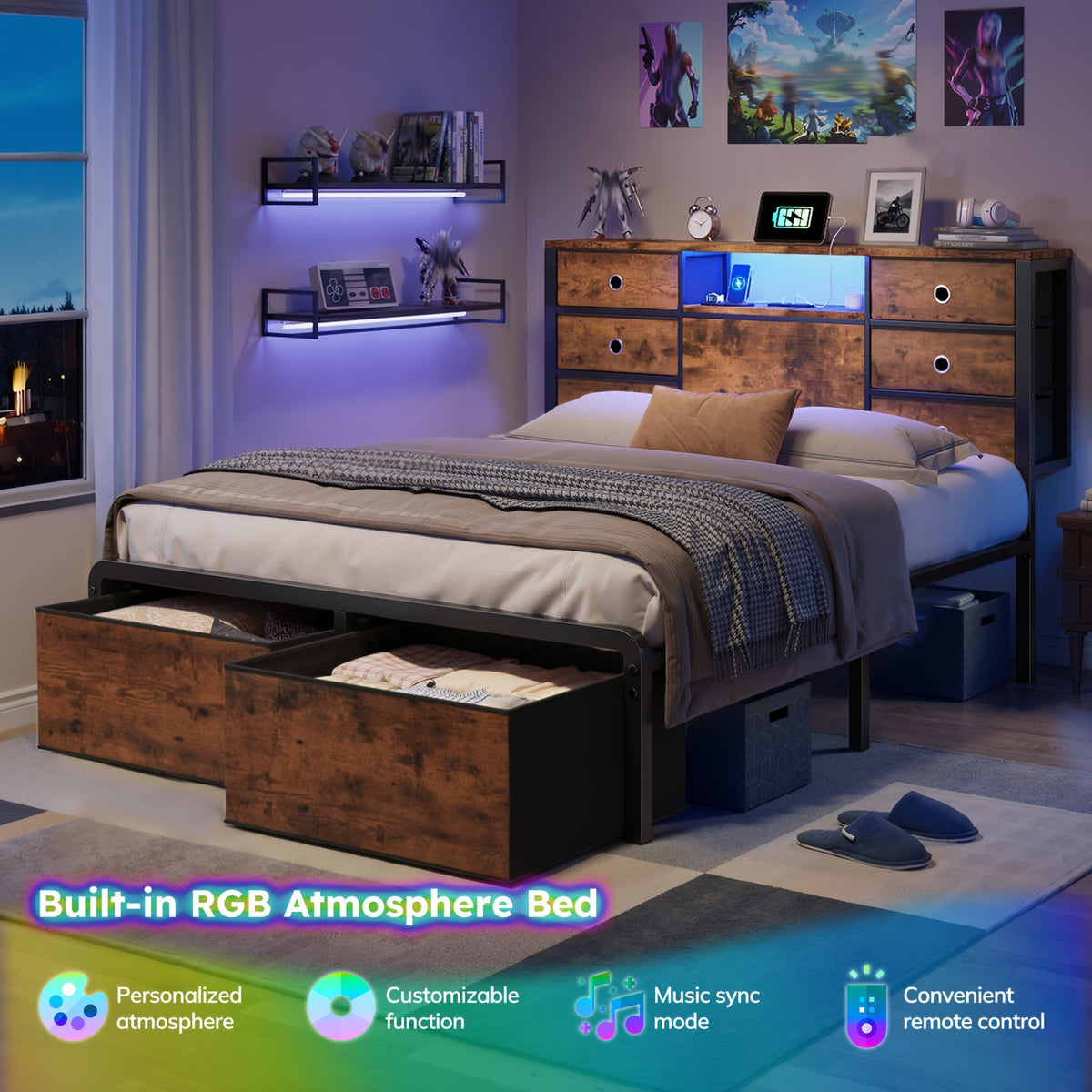 Reinforced Storage Bed Frame, King/Queen/Full with 8/9 Drawers, Headboard Storage, Multi-Color LED Lights & Charging Station, Noiseless & Easy Assembly, Black/Tiger Brown