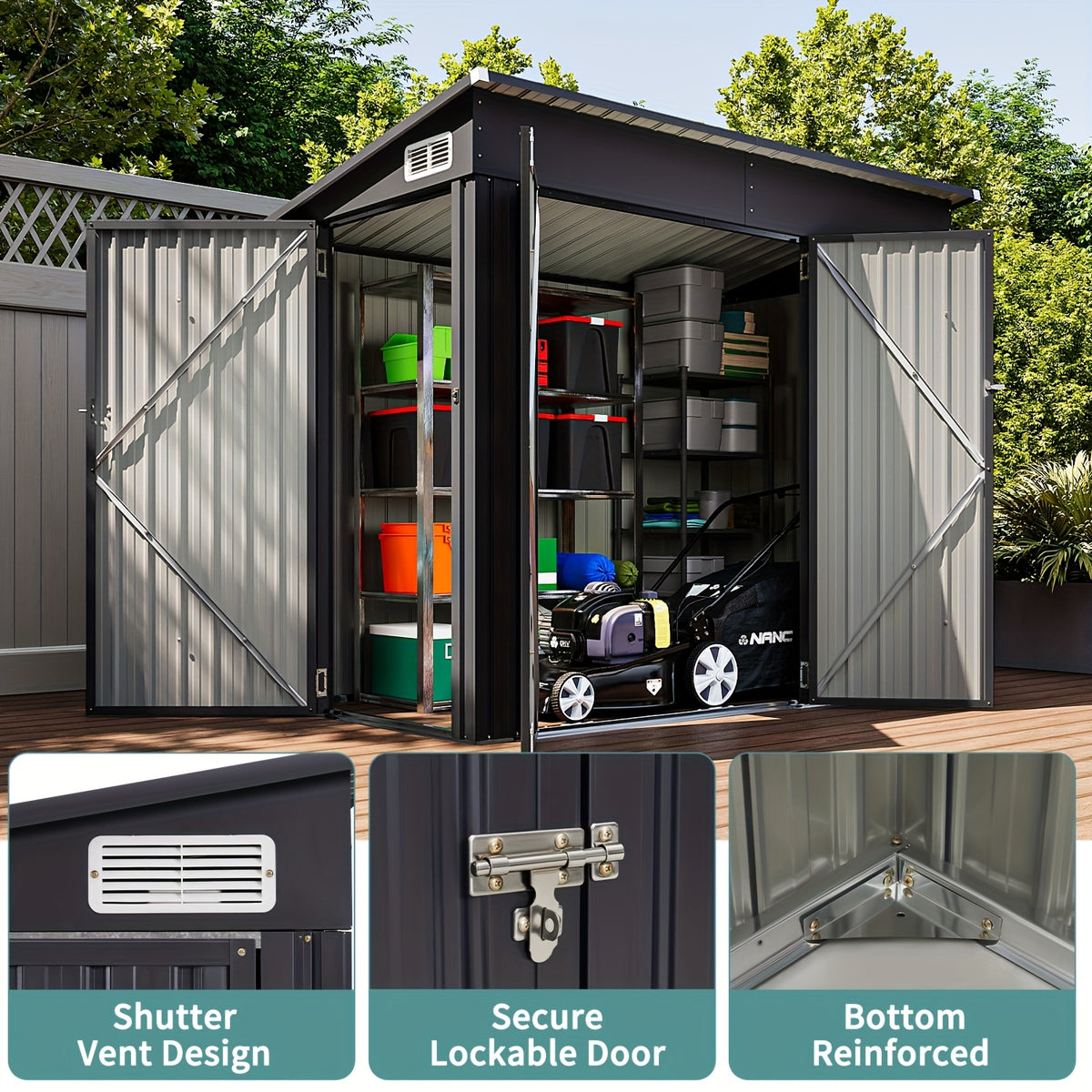 Nordivale 8 X 4/10X8/12X8 FT Outdoor Storage Shed with Sturdy Metal Frame - Lockable Triple Door Tool Sheds, Heavy Duty Storage Building for Bicycles, Lawn Tools Suitable All-Weather, Waterproof Garden Metal Trash Storage Sheds for Patio, Backyard