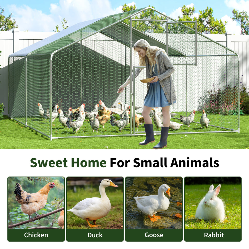 Walk-In Chicken Run with Feeding Port and UV-Resistant Cover, Galvanized Outdoor Poultry Enclosure