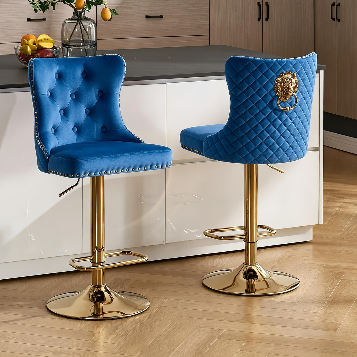 DMKAI Golden Lion Head Velvet Bar Stools Set Of 2, Luxury Diamond Tufted High Back, Adjustable Height 360° Swivel with Golden Base for Kitchen Island Home Bar