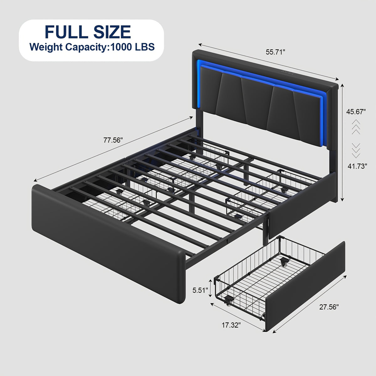 Upholstered Platform Bed Frame with 4 Storage Drawers, Twin/Full/Queen Size Bed Frame with LED Lights And Adjustable Headboard, Metal Slats Support, Charging Station, Easy Assembly, Noise Free, Black/White