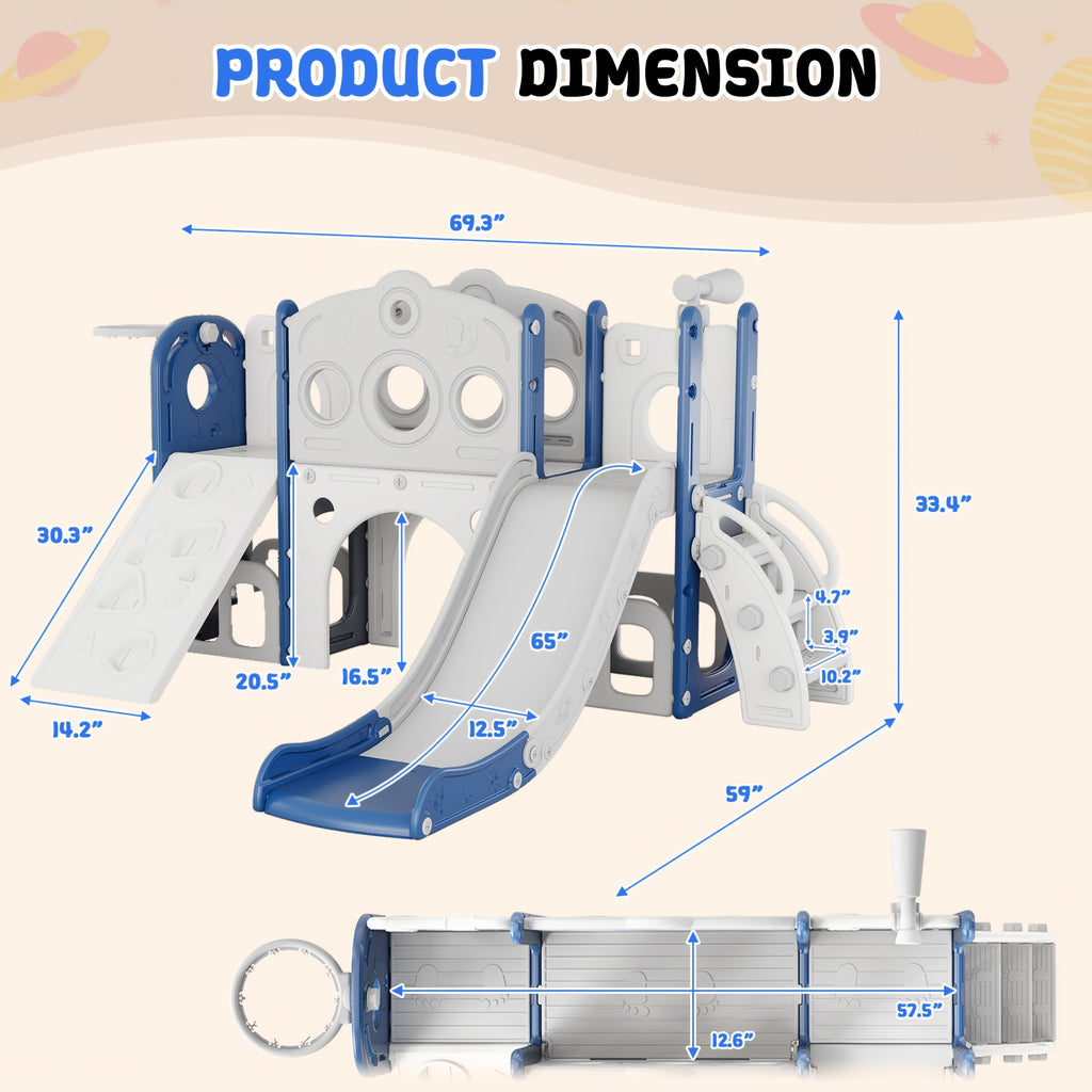 9in 1 Toddler Slide Set Playground Indoor & Outdoor Fun for Kids & Babies, Featuring Climbing Board, Basketball Hoop, Telescope, Storage Space And Non-Slip Steps