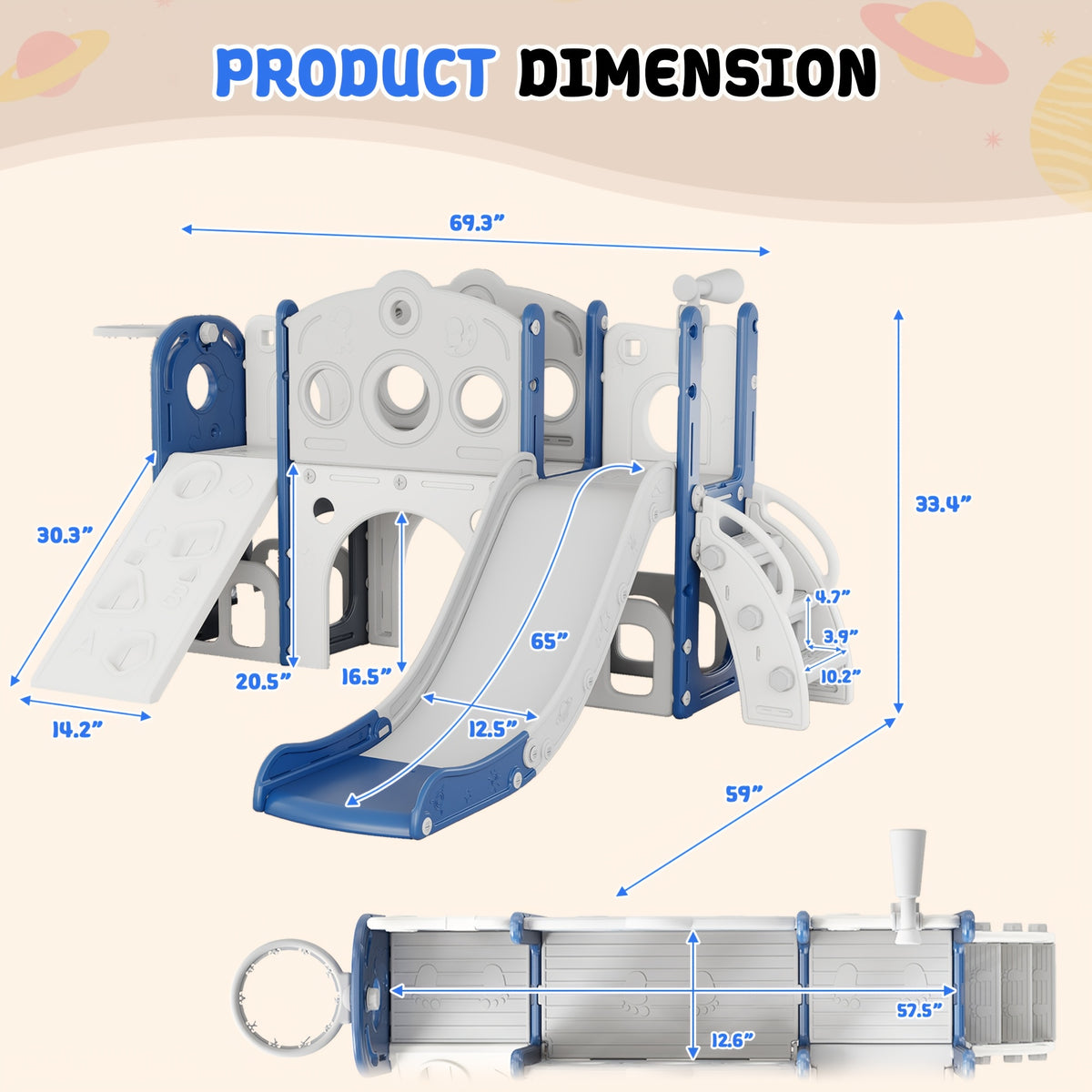 9in 1 Toddler Slide Set Playground Indoor & Outdoor Fun for Kids & Babies, Featuring Climbing Board, Basketball Hoop, Telescope, Storage Space And Non-Slip Steps