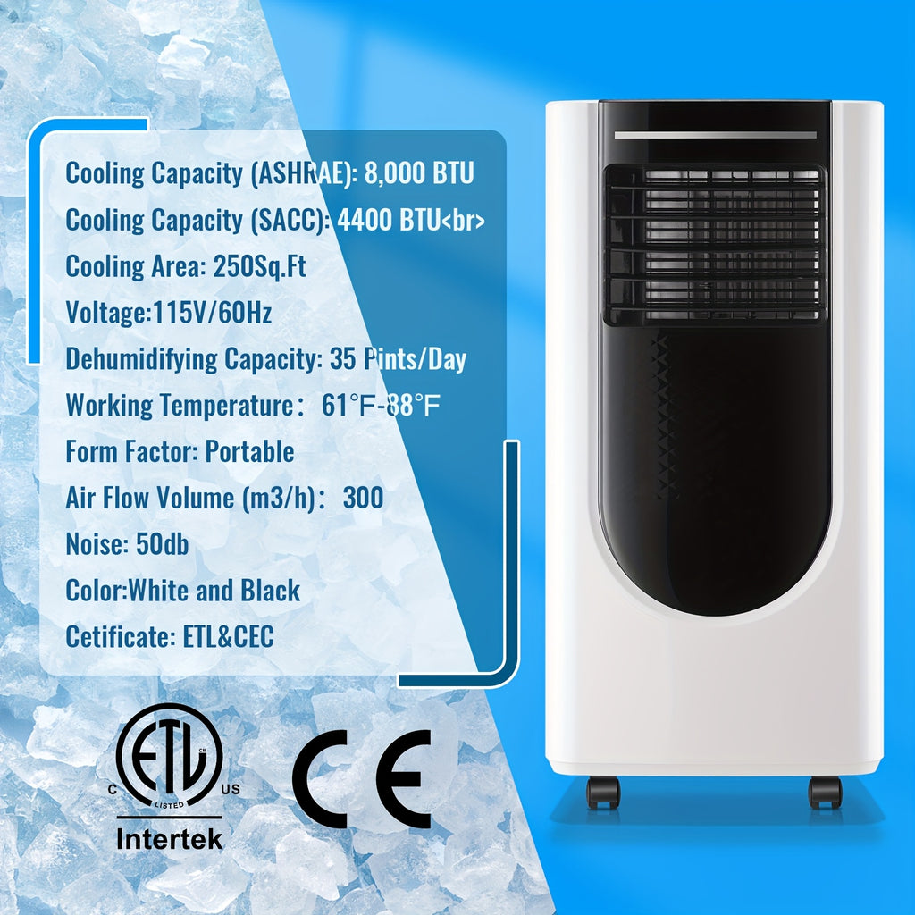 8000 BTU ASHRAE(4400 BTU SACC) Portable Air Conditioner With Remote Control, 3-in-1 Freestanding AC Unit, Cool Rooms Up To 250 Sq Ft