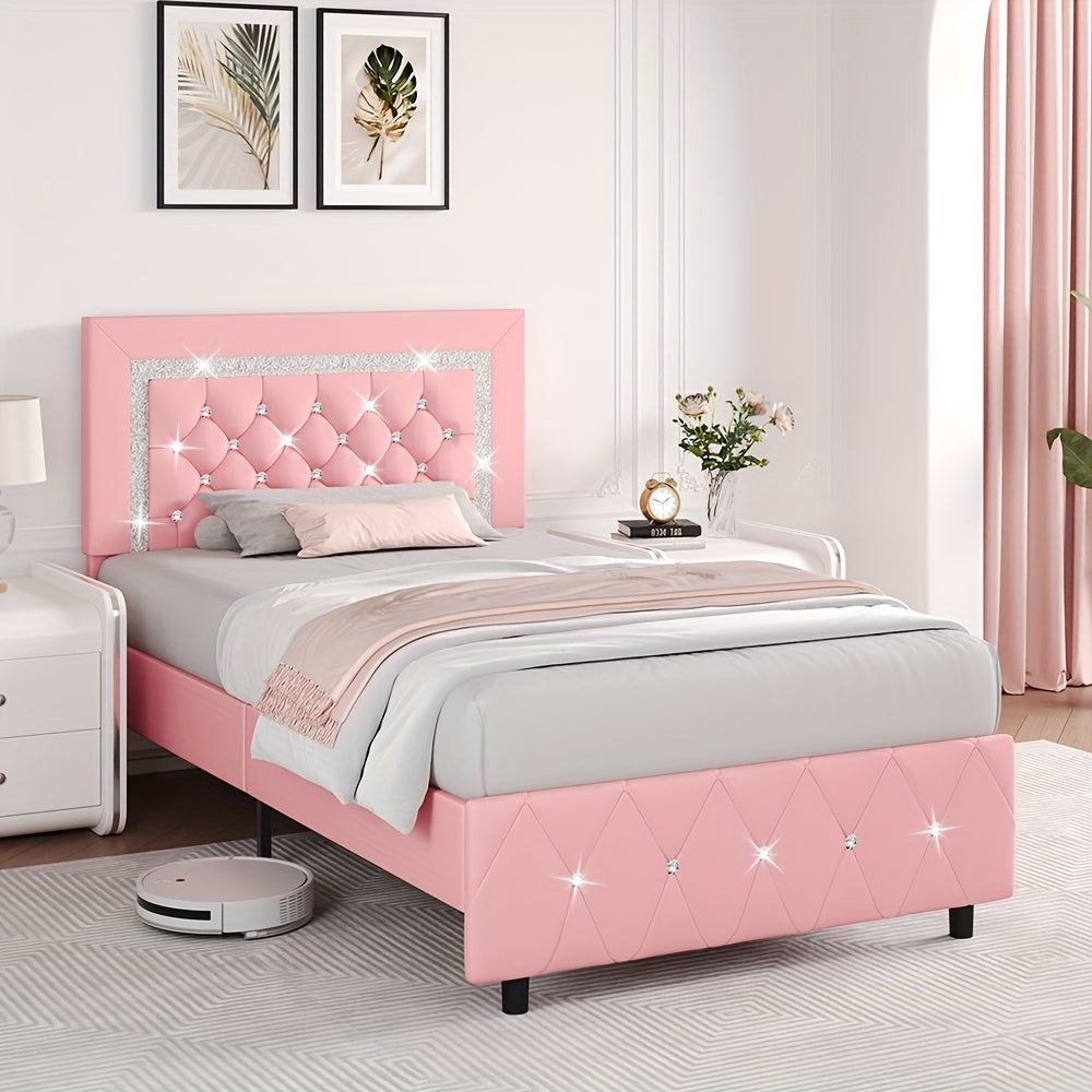 HOMBCK Twin Full Queen King Bed Frame, Padded Platform Bed with Button Tufting Headboard, Princess Platform Bed with Diamond Design, Halloween Decoration, Wooden Strip Support, No Spring Box Needed, Easy to Assemble, Pink/White/Black/Beige