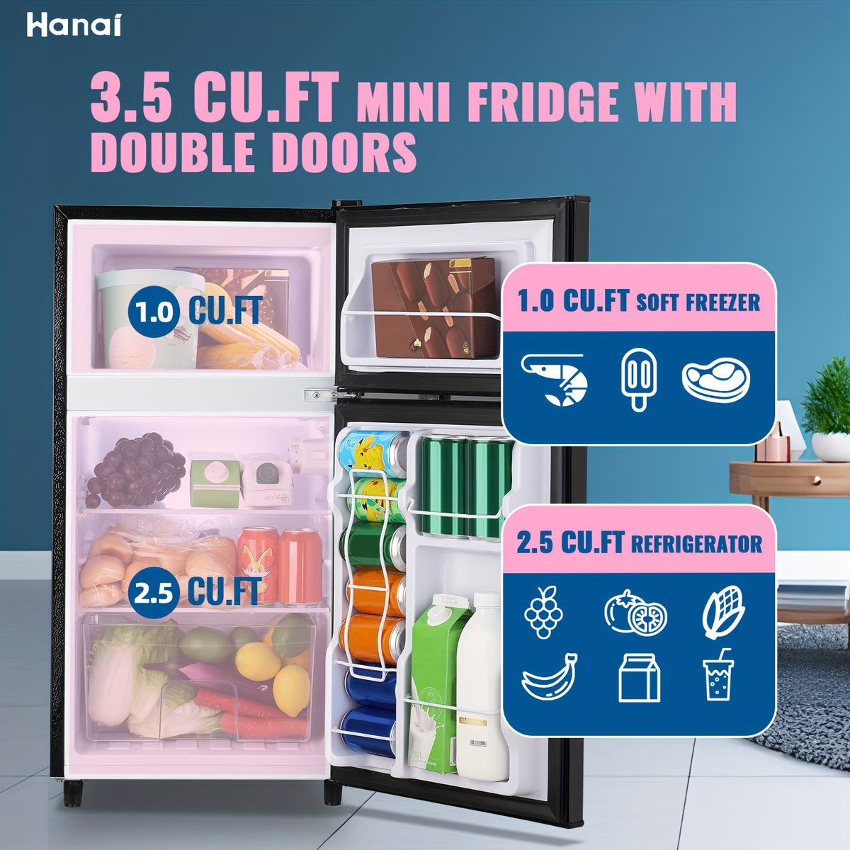 WANAI Double Door Small Refrigerator with Freezer-On-Top, 3.5 Cubic Feet Mini Fridge with 7-Level Adjustable Thermostat for Office, Dorm, Bedroom, Home And Apartment