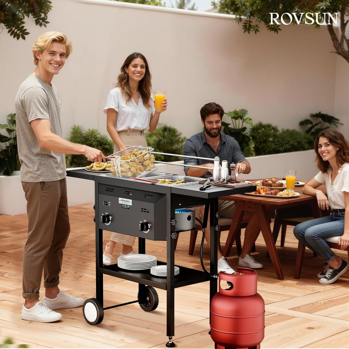 MEFEIR Outdoor Deep Fryer with Dual 8QT Stainless Steel Tank & Basket, Portable Propane Gas Fryer with Rolling Cart, Storage Shelves, Lids & Thermometer for Outdoor Backyard Cooking Frying